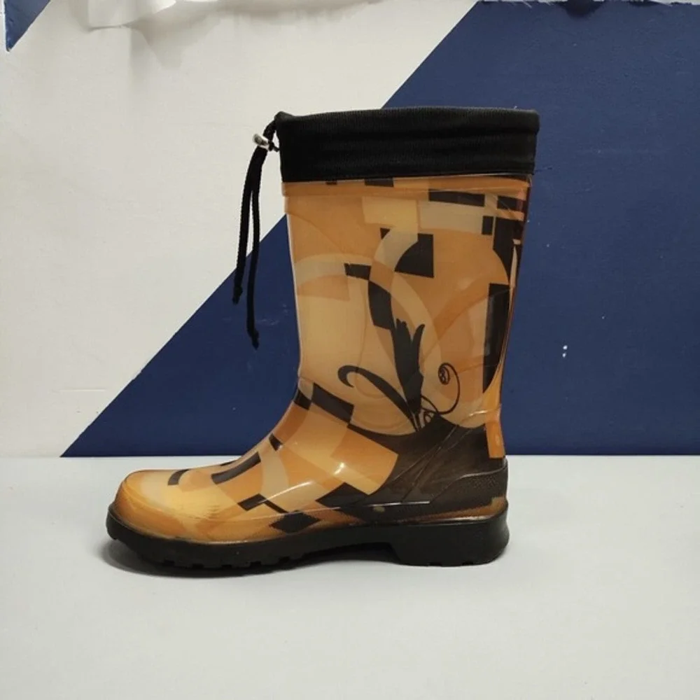 Salvatore Ferragamo Mid-Calf Rain Boots Womens‎ 7 Brown Logo Rubber Sole Pull On